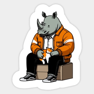 rhino petting cat Sticker